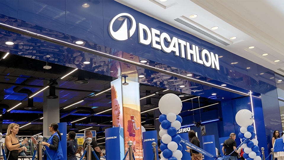 decathlon storefront with people and blue and white balloons