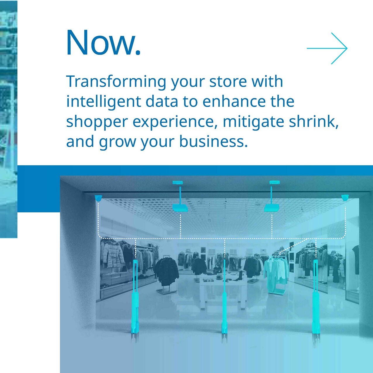 slide 2c no transforming your store with intelligent data to enhance the shopper experience mitigate shrink and grow your business with image of storefront displaying sensormatic eas pedestals
