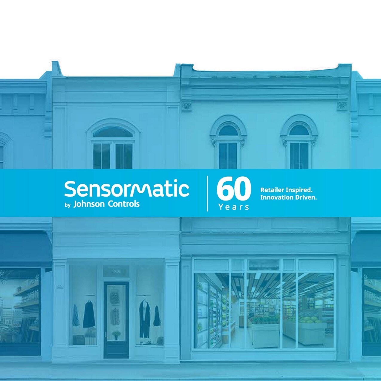 slide 2f retail reimagined and sensormatic 60th anniversary logo on a background of main street storefronts