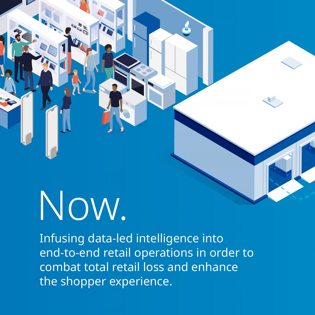 sensormatic 60th anniversary smarter store carousel slide 3: 3d illustration of store with stockroom and part of a distribution center. text: now. infusing data-led intelligence into end-to-end retail operations to combat total retail loss and enhance the shopper experience