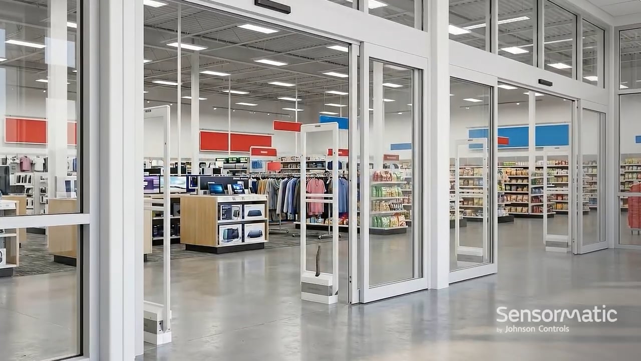 retail store entrance with sensormatic eas pedestals at the doorway with sensormatic logo in the lower right corner