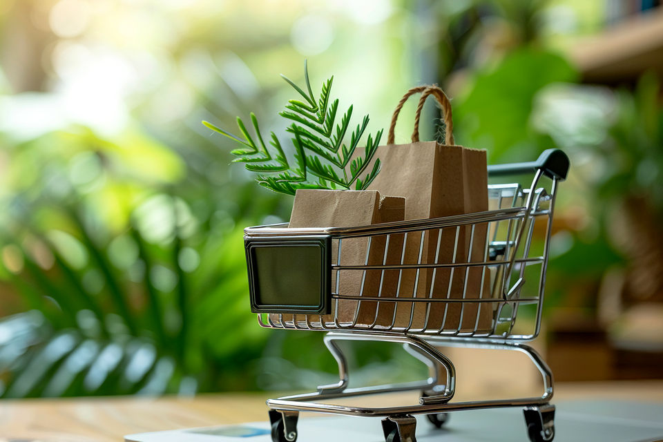 miniature retail shopping cart with several packages in front of lush greenery
