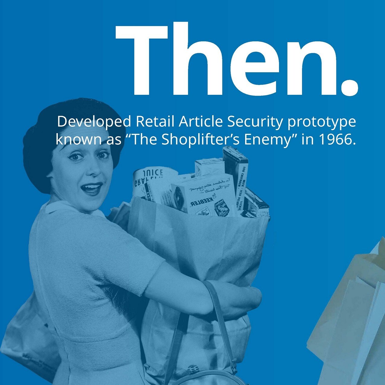 slide 1b then developed retail article security prototype known as the shoplifters enemy in 1966 on blue background with image of 50s housewife carrying a bag of groceries