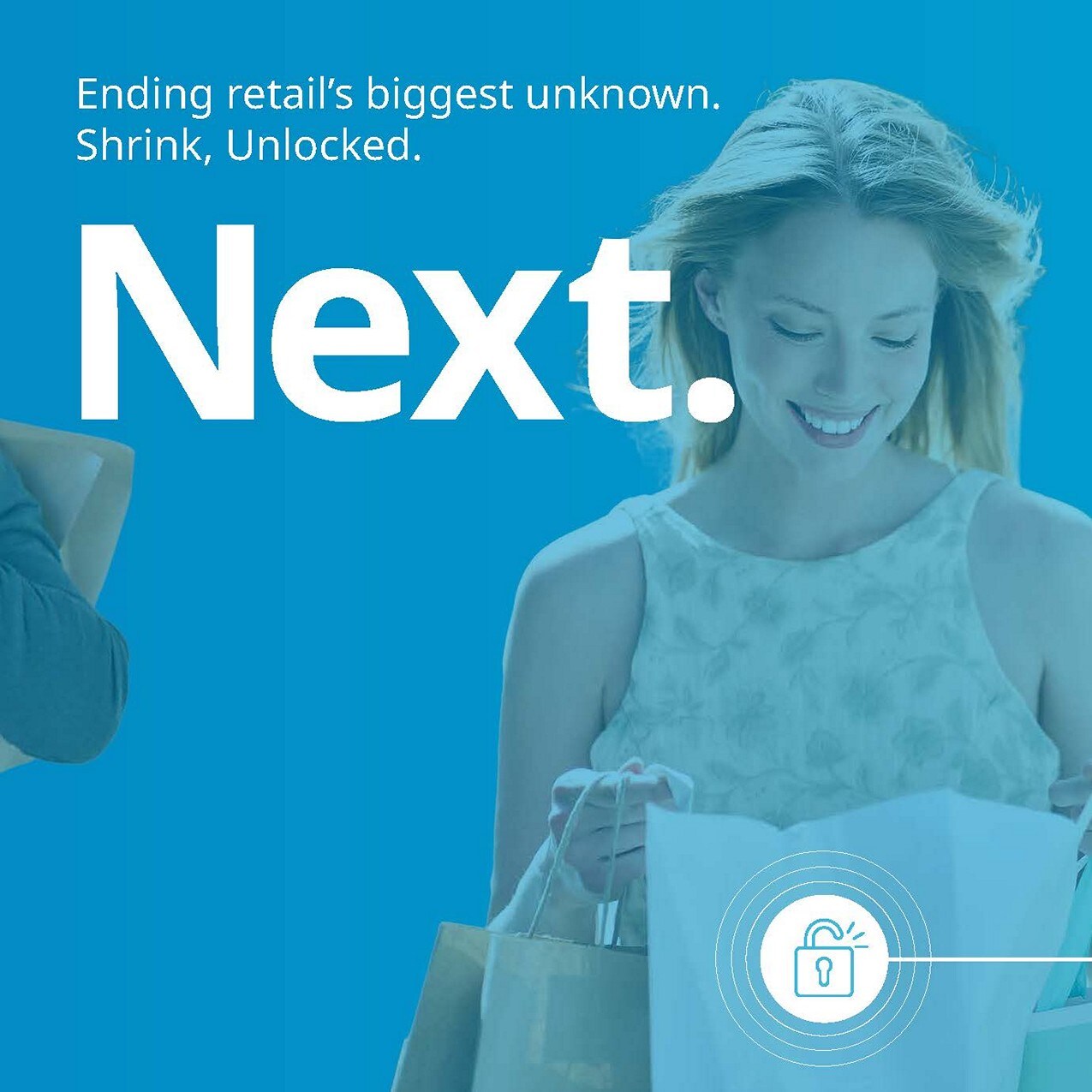 slide 1d next ending retails biggest unknown shrink unlocked on blue background with young female shopper carrying purchases in shopping bags