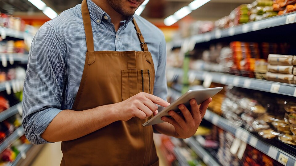 male retail grocery store associate in brown employee apron reviewing store info on electronic tablet