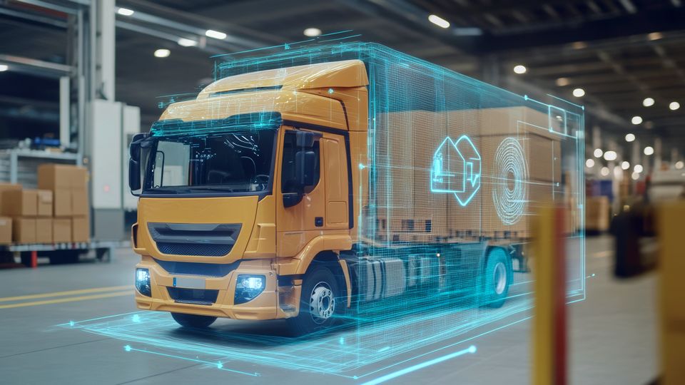 short-haul truck in distribution center warehouse with superimposed digital markings indicating tracking of the vehicle and contents