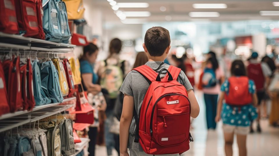elementary school aged boy with large backpack on his back walking through back to school section of a busy retail store