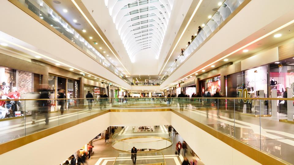 interior view of multiple-level indoor retail shopping mall