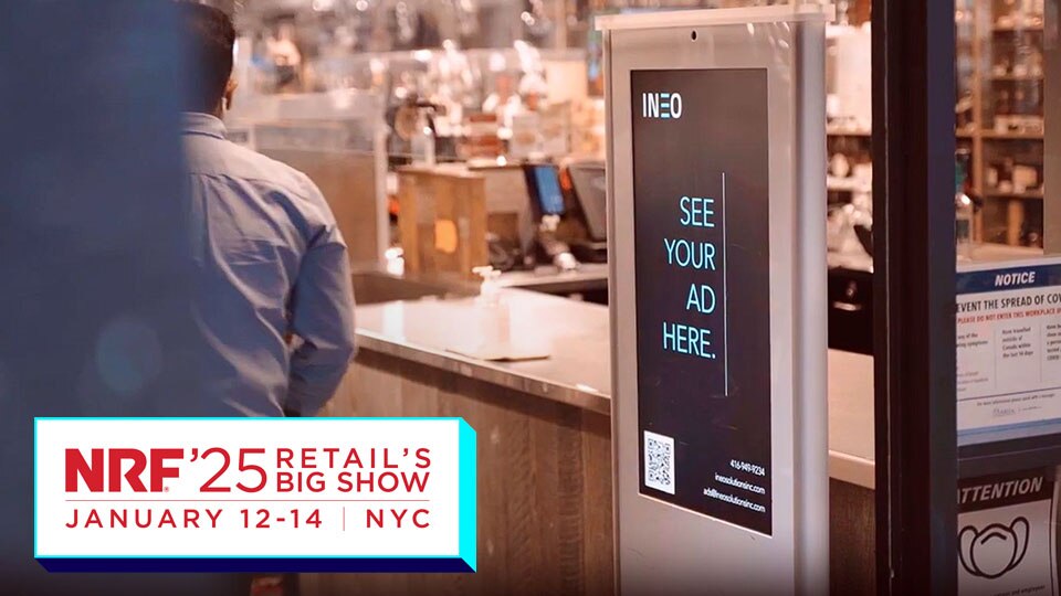electronic media display signage in retail store advertising ad space for sale with 2025 nrf logo superimposed
