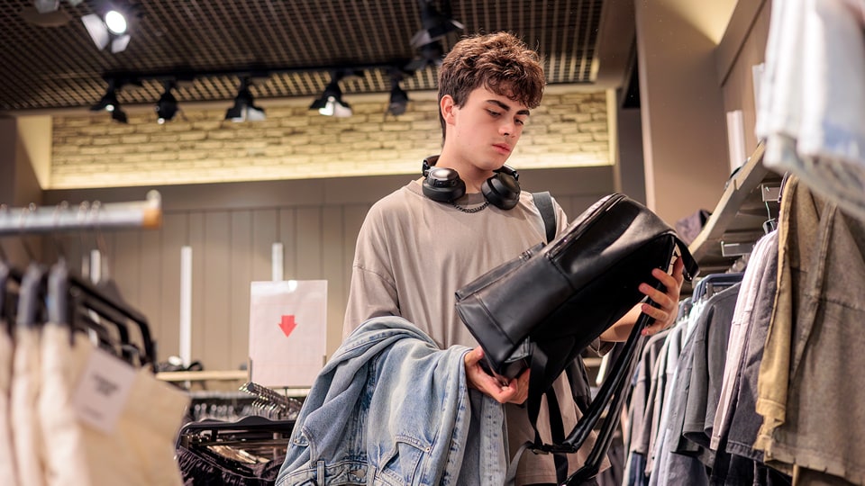 teenage boy shopper wearing headphones around his neck looking at a backpack in a trendy retail store