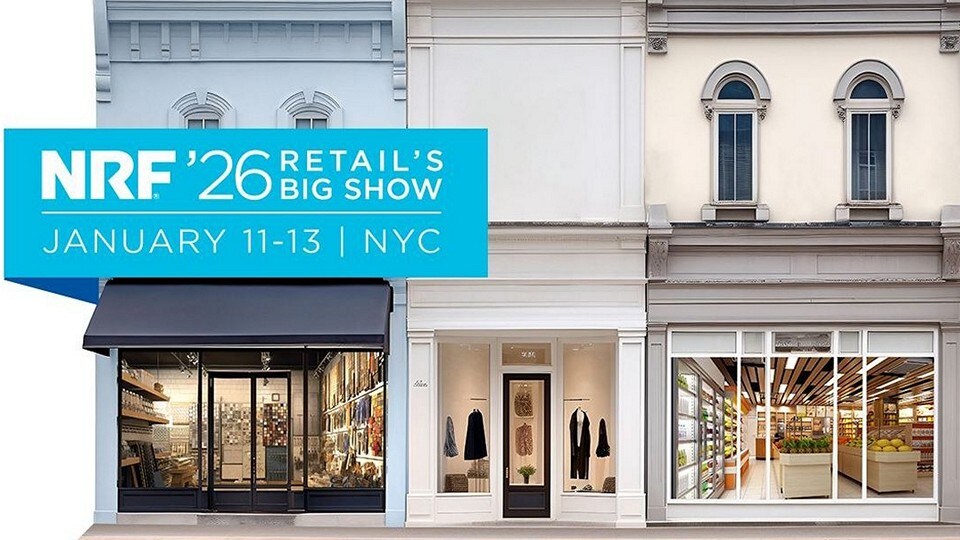 a row of storefronts from an old fashioned high street shopping district with the nrf 2026 logo superimposed