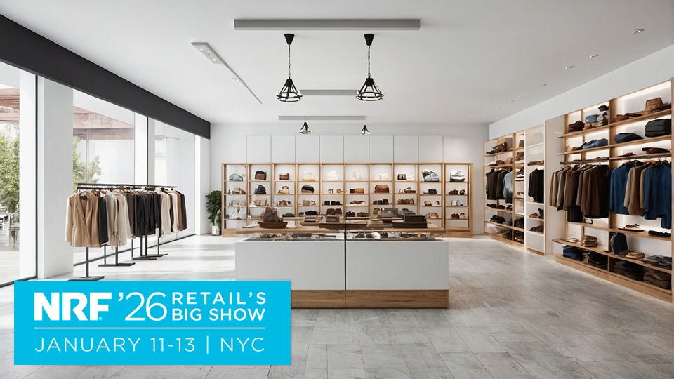 interior view of high-end brightly lit retail apparel and accessories store with nrf 2026 big show logo superimposed