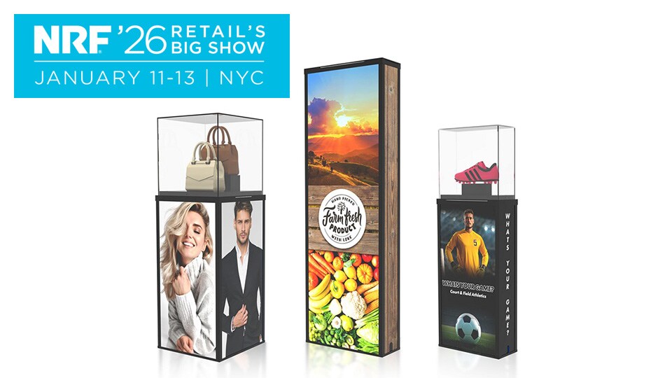 sensormatic nextgen pedestals in various configuration silhouetted on white with nrf 2026 big show logo superimposed