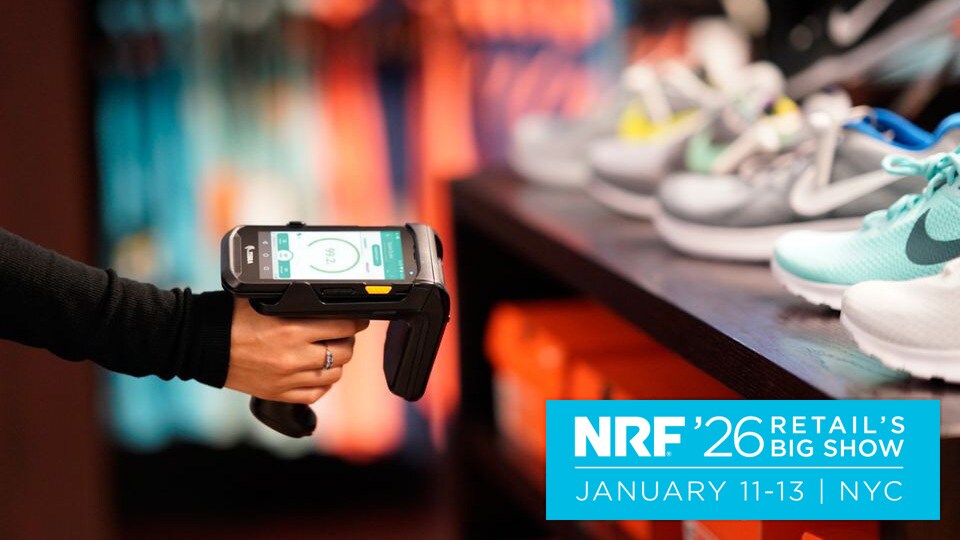 retail store employee cycle counting rfid tagged footwear merchandise with handheld scanner with nrf 2026 big show logo superimposed