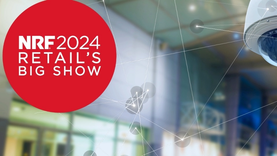 showcard for sensormatic solutions at nrf big show 2024 with retail surveillance camera in store and conceptual overlay of network lines and nodes