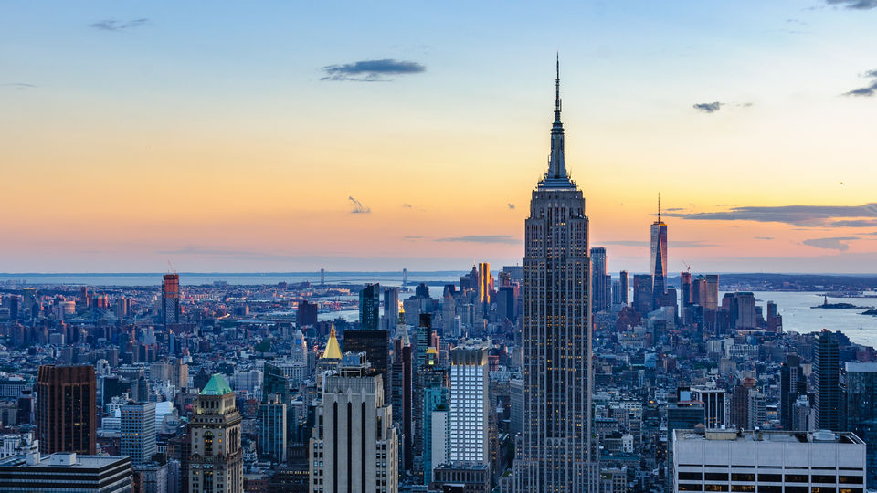 manhattan new york city skyline at sunset looking south from uptown