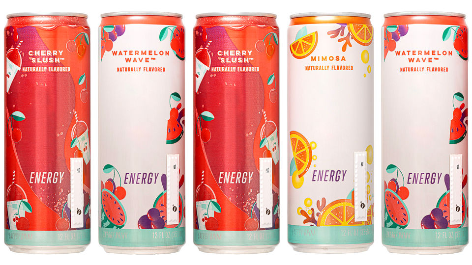 five cans of different flavor energy drinks with sensormatic metal products retail merchandise protection labels