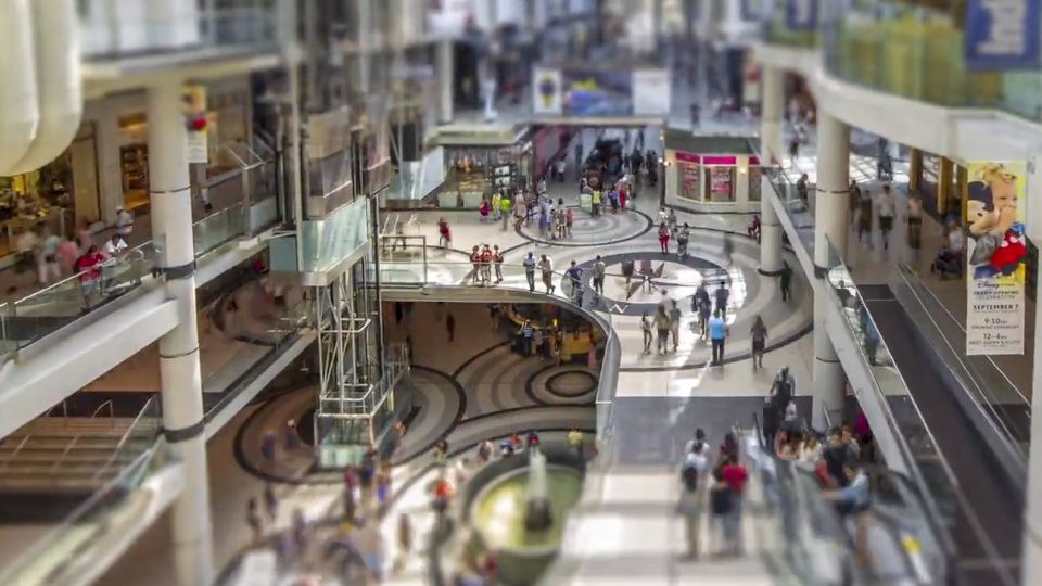 interior of busy multi-level retail shopping mall