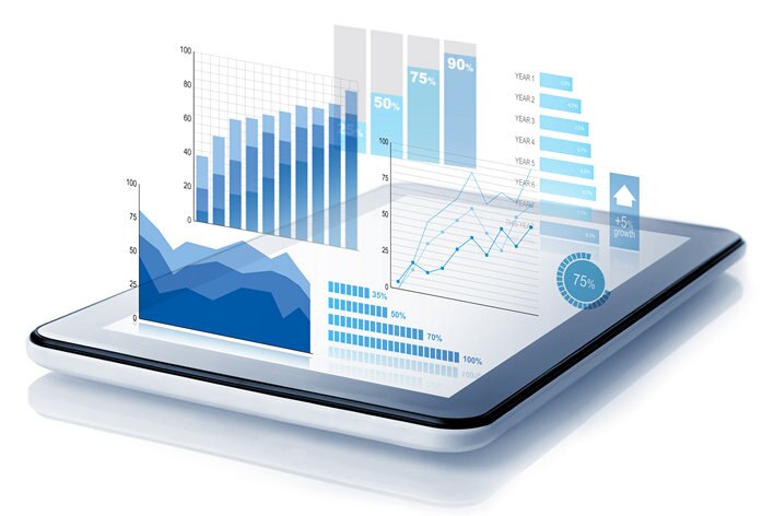 conceptual electronic tablet with graphs hovering perpendicular to surface