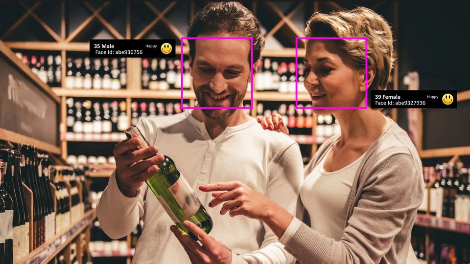 man and woman in retail wine store with facial recognition data