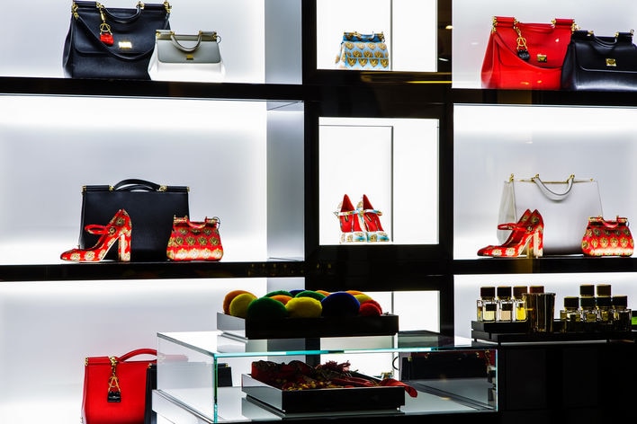 high-end retail store display of shoes and accessories