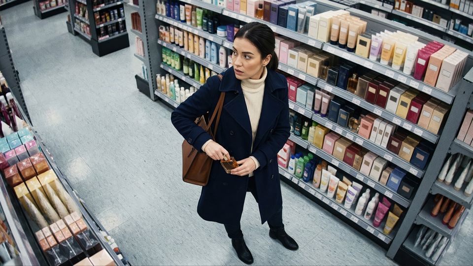 female shopper in health and beauty store acting suspicious as she may be putting an item in her purse before paying
