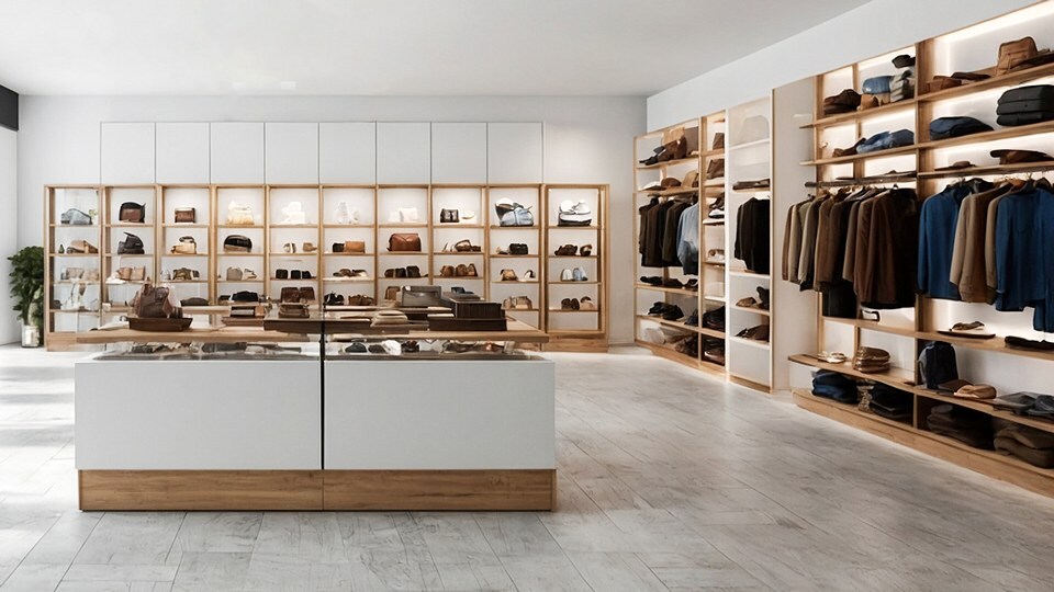 interior photo of an upscale minimalist brightly lit retail apparel and accessories store