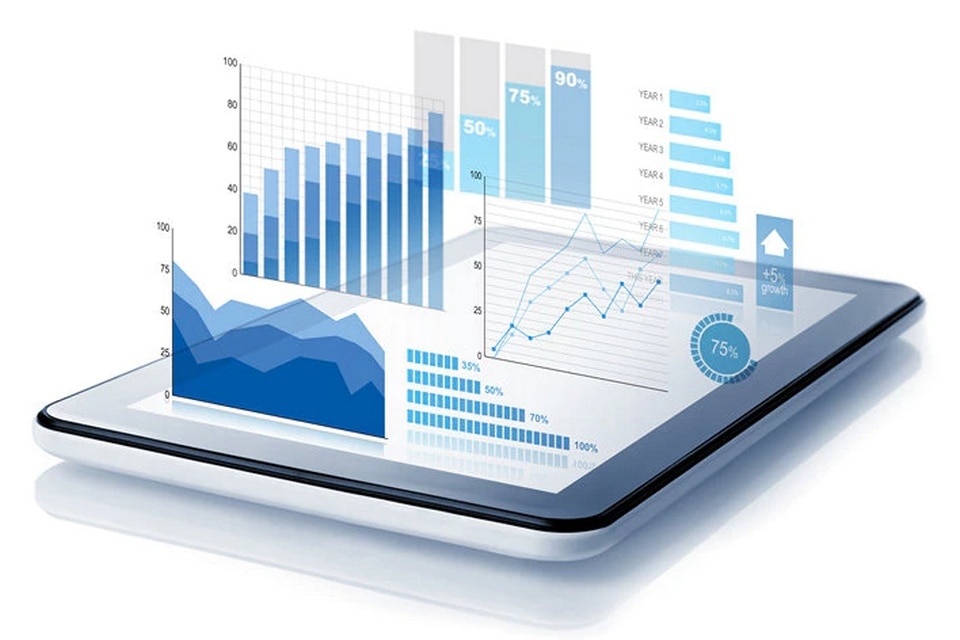 graphic illustration of tablet device laying flat on a surface with data graphs and charts floating above the screen