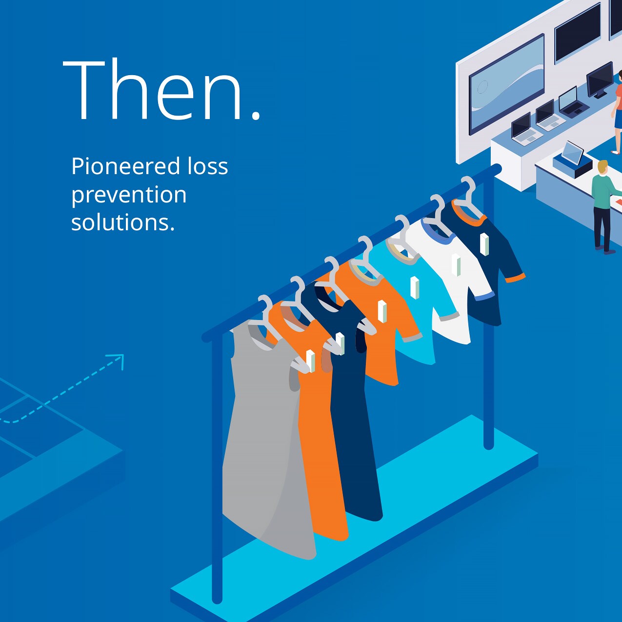 sensormatic 60th anniversary smarter store carousel slide 2: 3d illustration of several clothes items on a store display rack with title. text: then. pioneered loss prevention solutions