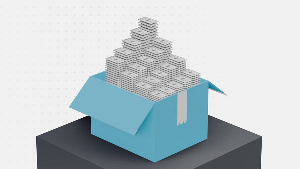 illustration of a box being filled with merchandise at an rfid service bureau for retail