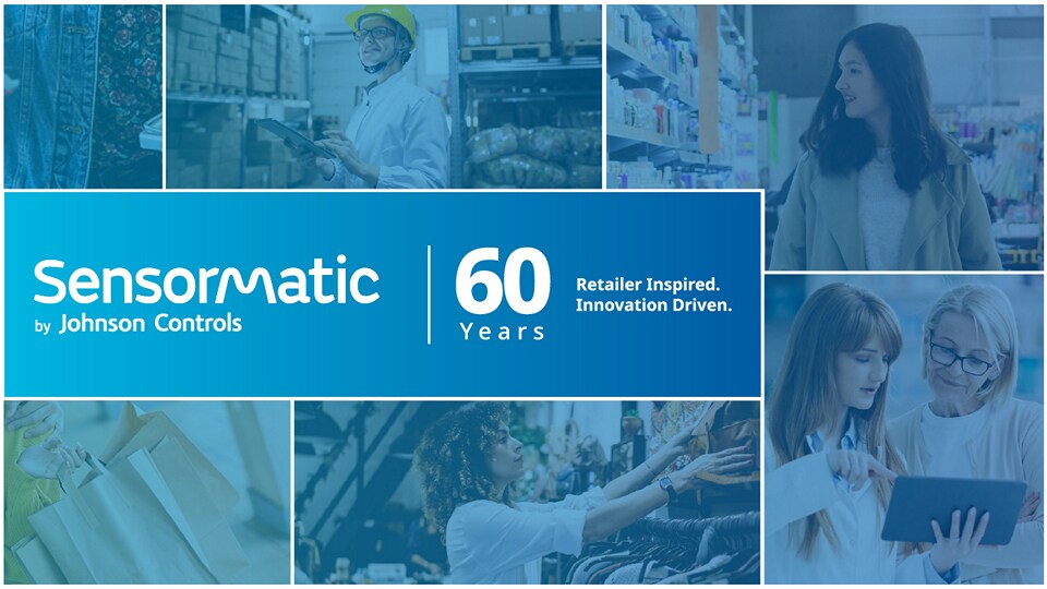 collage of images representing retail activities including shopping inventory and warehouse with sensormatic 6oth anniversary logo in the center left