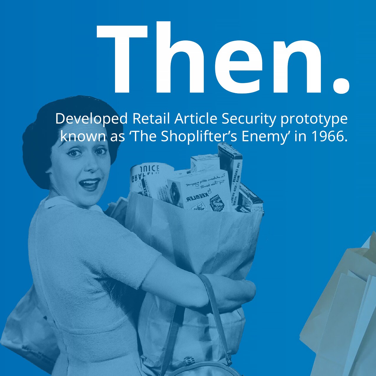 sensormatic 60th anniversary redefining retail carousel slide 2: 1960s style woman in dress carrying a paper bag of groceries. text: then. developed retail article security prototype known as the shoplifters enemy in 1966.