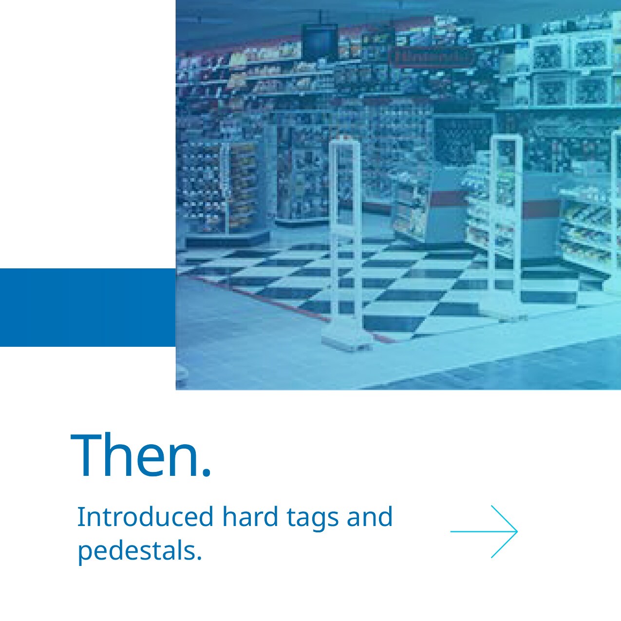 sensormatic 60th anniversary smarter store carousel slide 2: 3d illustration of several clothes items on a store display rack with title. text: then. pioneered loss prevention solutions.