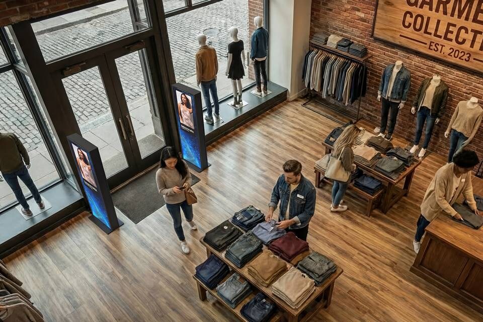overhead shot of several customers and retail associates in upscale retail apparel store with two flex pedestals showing media displays flanking the outside entrance to the store