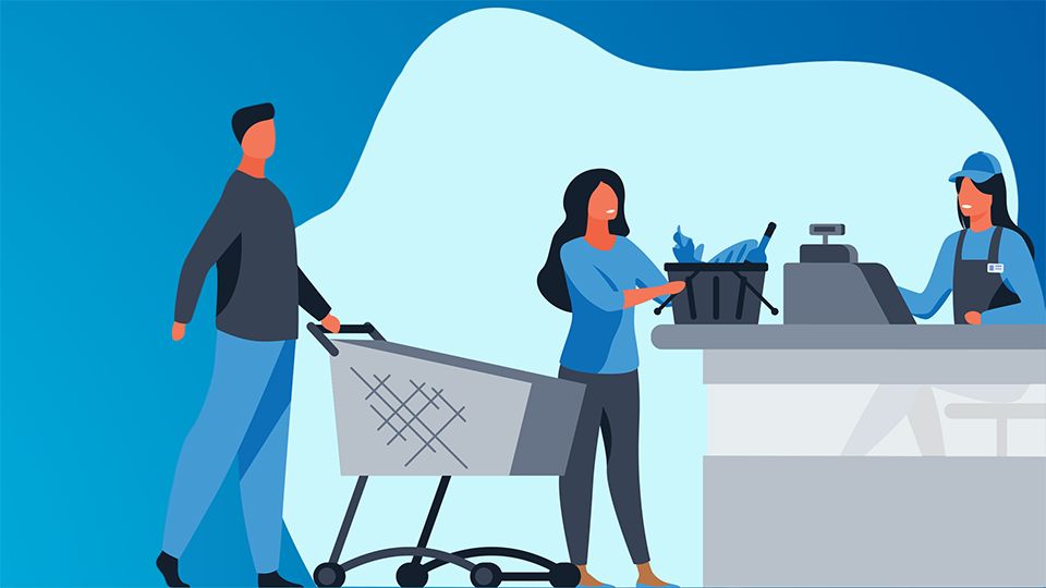illustration of cartoon male and female shoppers checking out at retail grocery store