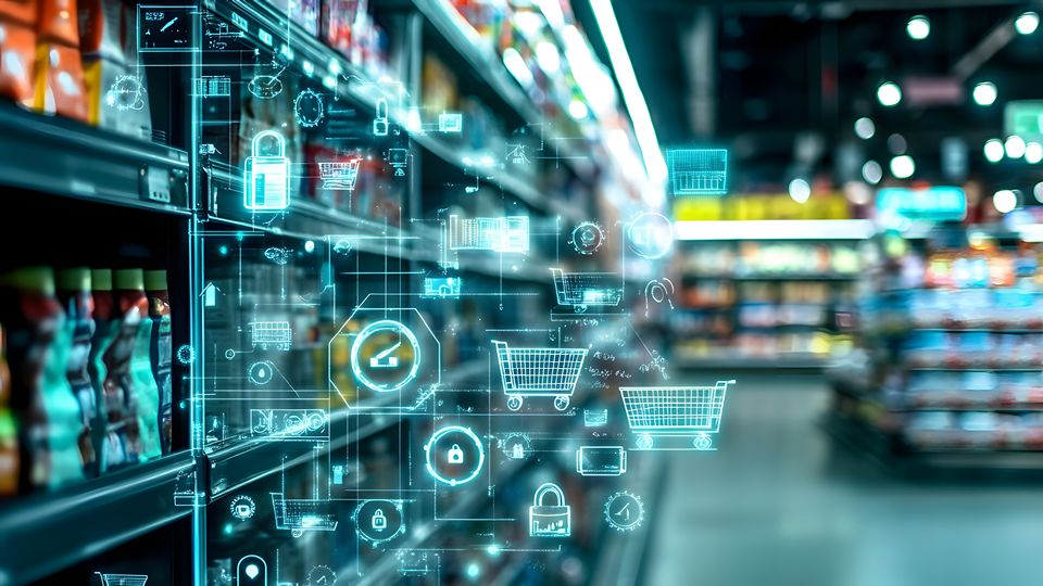 view of a grocery store aisle with conceptual networking lines and retail icons overlaid