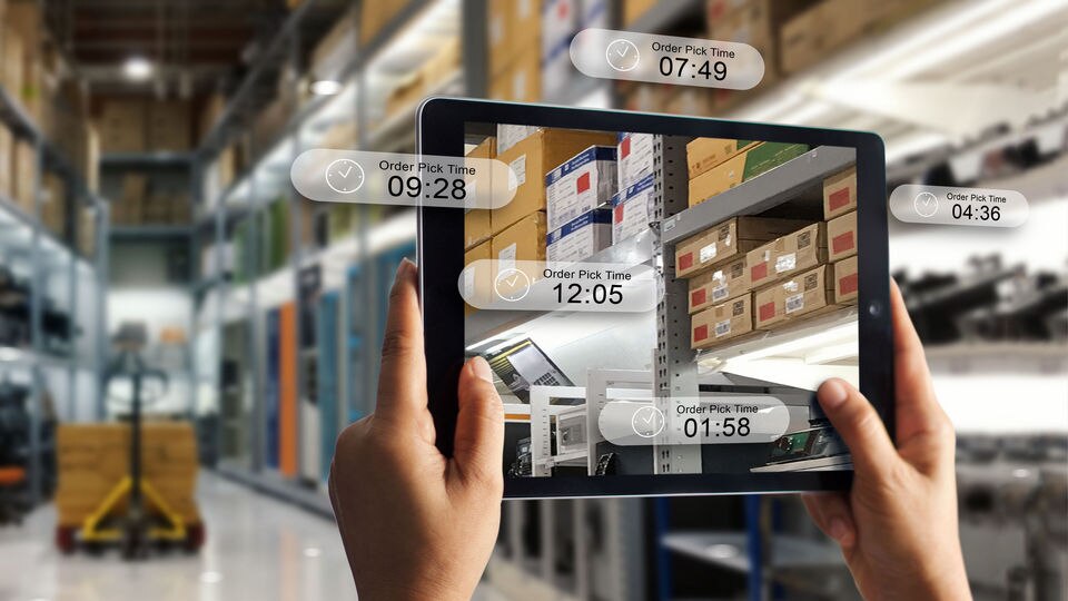retail warehouse viewed through augmented reality on a digital tablet screen