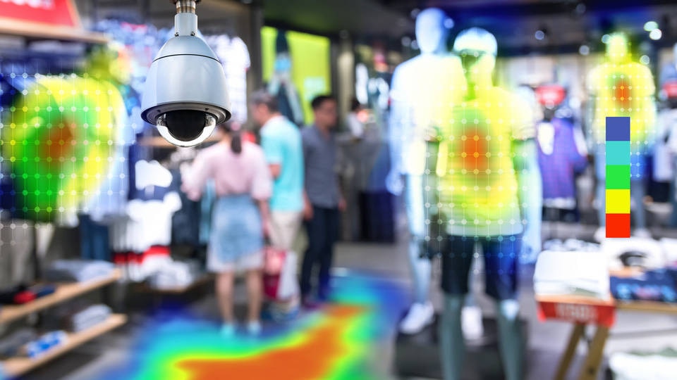 video surveillance camera with false color heatmaps of shoppers in retail store