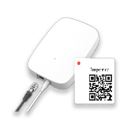 icon of digital food safety sensor with wired and wireless connections alongside a temperature qr code