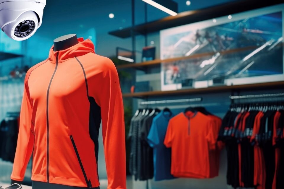interior of retail sporting goods and apparel store with a stylish orange running shirt on a mannequin and an ip video camera in the foreground