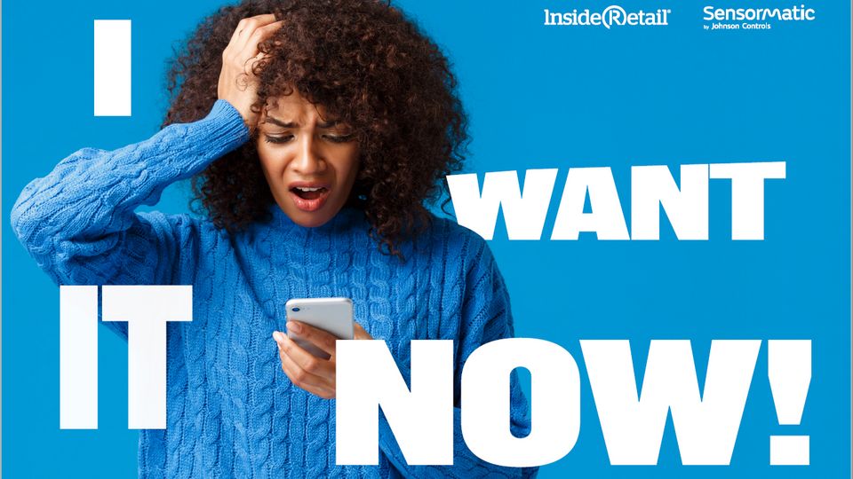 upset woman looking at retail site on smartphone with overlaid text saying i want it now