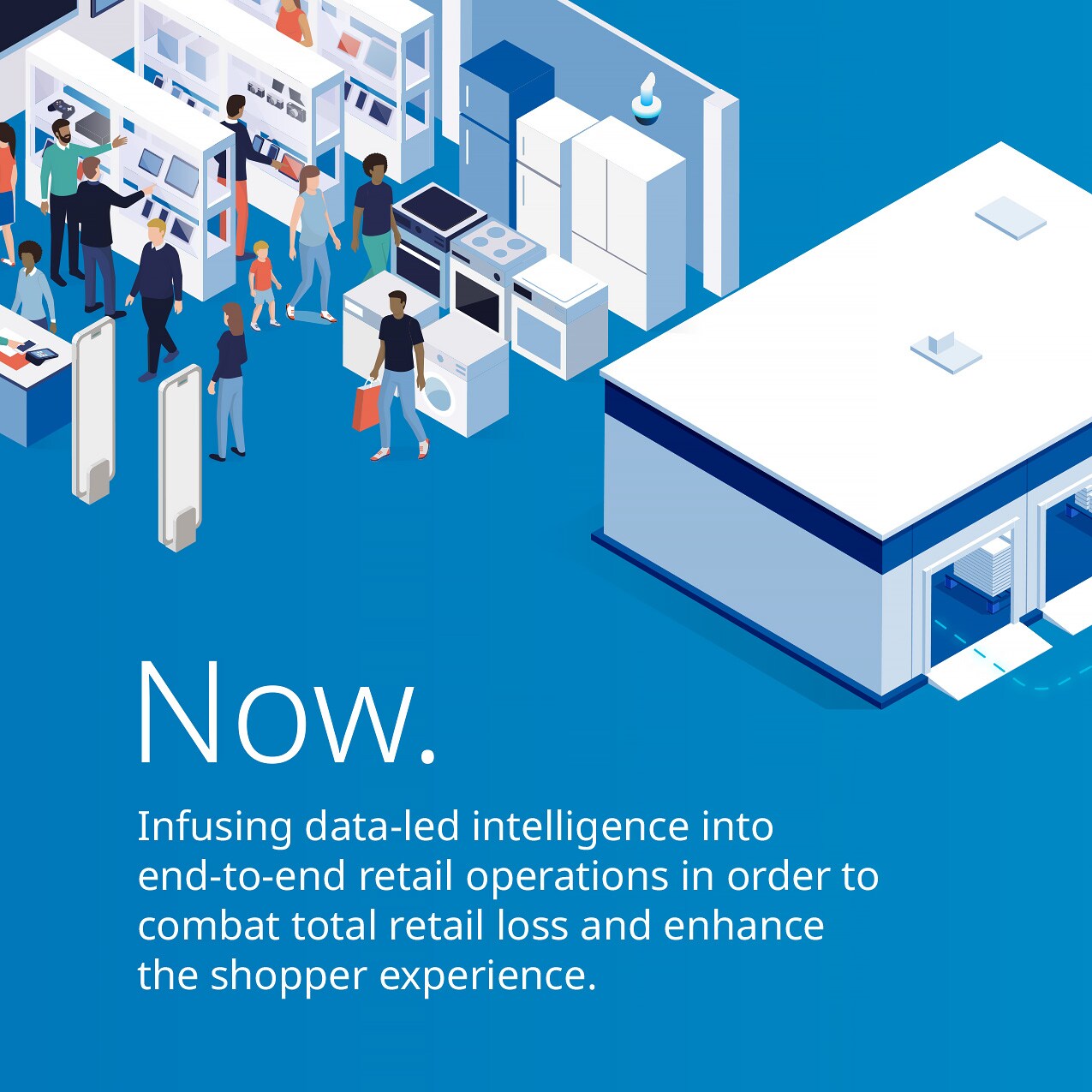 sensormatic 60th anniversary smarter store carousel slide 3: 3d illustration of store with stockroom and part of a distribution center. text: now. infusing data-led intelligence into end-to-end retail operations to combat total retail loss and enhance the shopper experience