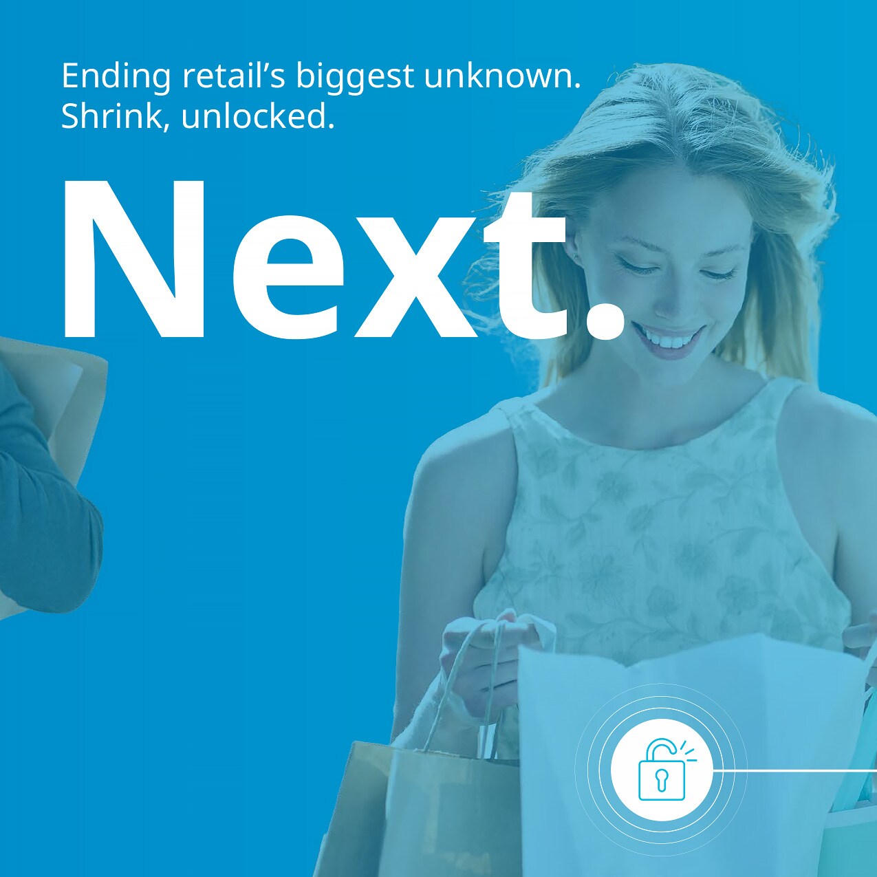 sensormatic 60th anniversary redefining retail carousel slide 4: young female shopper carrying a shopping bag with a padlock retail security icon superimposed. text: next. ending retails biggest unknown. shrink unlocked.