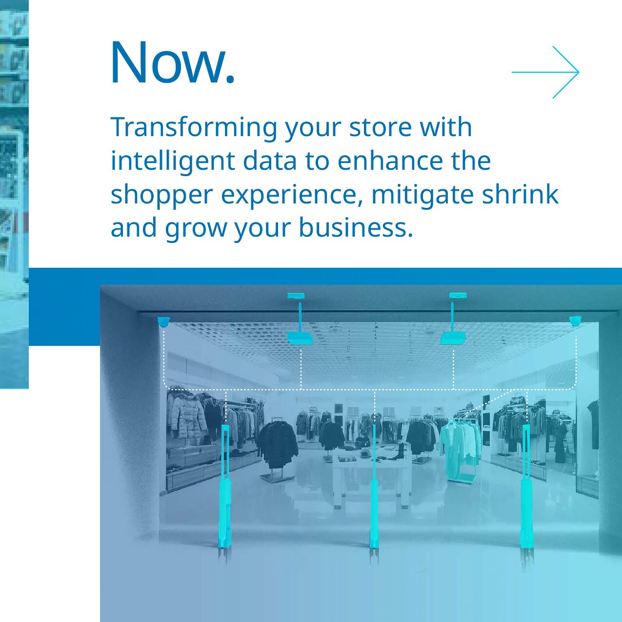 sensormatic 60th anniversary smarter store carousel slide 3: 3d illustration of store with stockroom and part of a distribution center. text: now. infusing data-led intelligence into end-to-end retail operations to combat total retail loss and enhance the shopper experience.