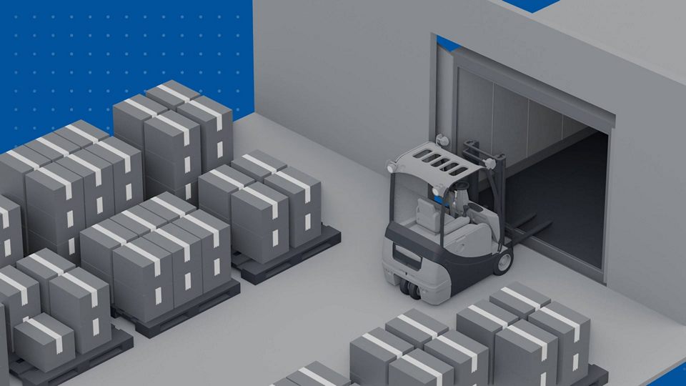 illustration of retail merchandise entering and leaving a distribution center via truck