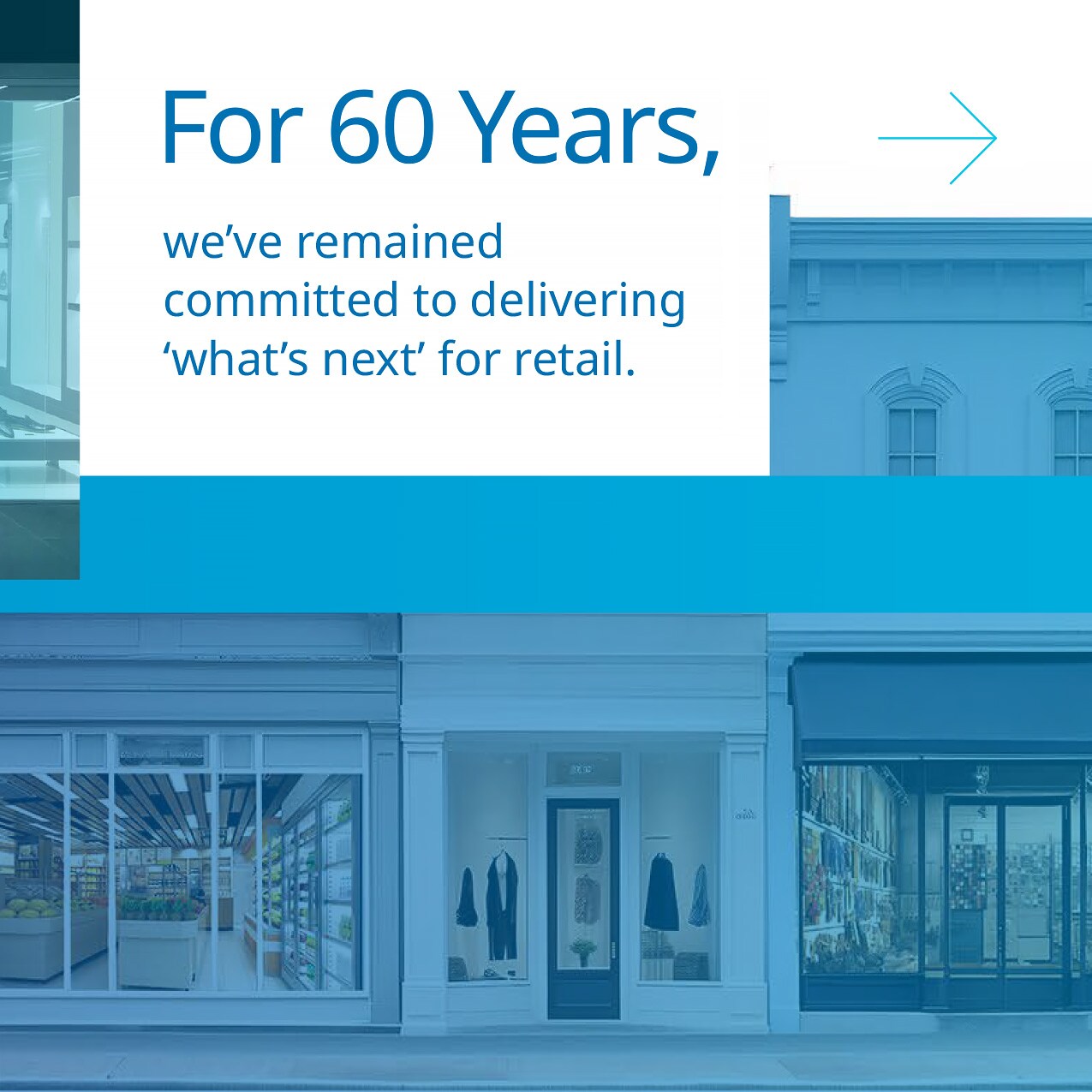 sensormatic 60th anniversary smarter store carousel slide 5: 3d illustration of a grocery store checkout with multiple entrances. text: we're committed to delivering a safe secure and seamless shopper experience for the next 60 years.