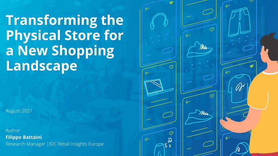 cover of transforming the physical store for a new shopping landscape infographic with illustration of a man interacting with a virtual retail interface