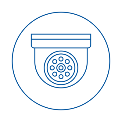 icon of a ceiling mounted cctv camera inside a circle drawn with blue lines