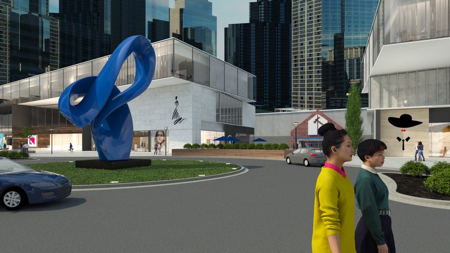 3d render of front of retail shopping center with blue abstract sculpture