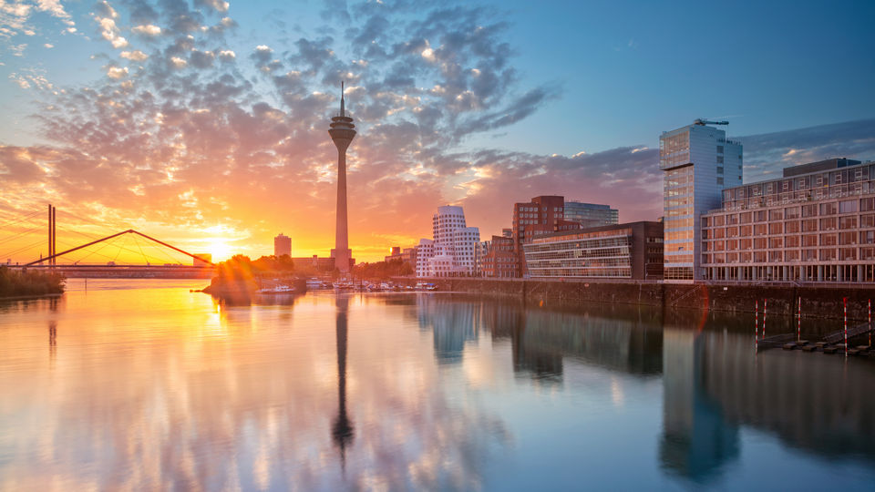 panoramic view of dusseldorf germany site of euroshop 2023 at sunrise